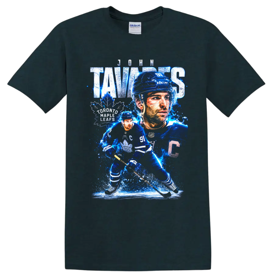 John Tavares Toronto Maple Leafs captain hockey collage with icy blue action art on a Midnight (Green) T Shirt