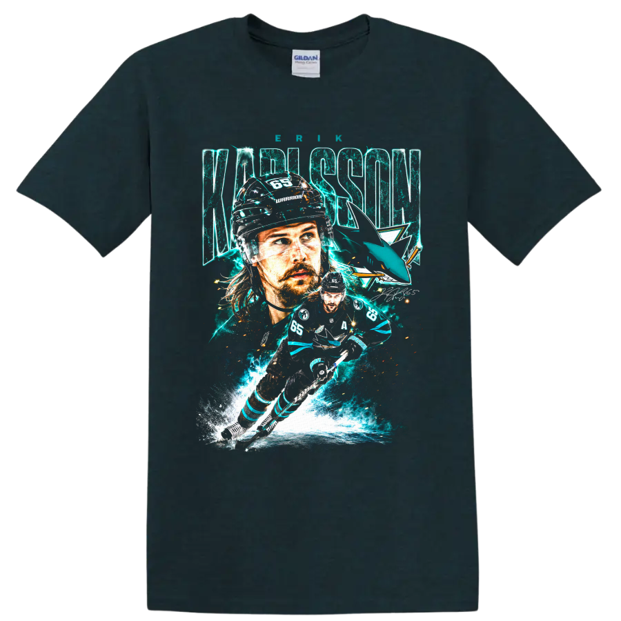 Erik Karlsson No. 65 San Jose Sharks hockey portrait and action collage graphic on a Midnight (Green) T Shirt