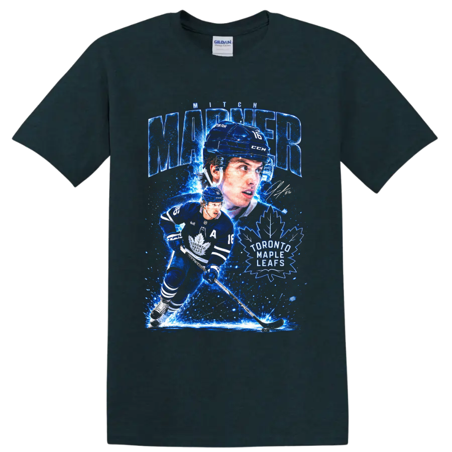 Mitch Marner Toronto Maple Leafs electric-blue hockey action graphic with number 16 on a Midnight (Green) T Shirt