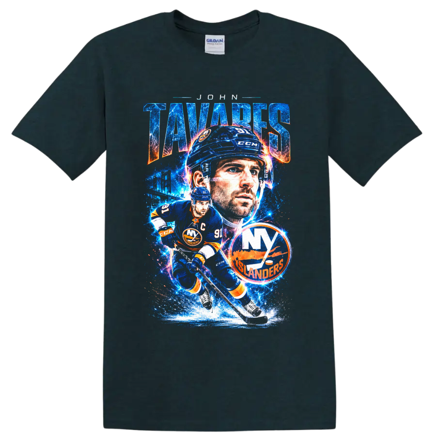 John Tavares New York Islanders cosmic hockey collage with number 91 on a Midnight (Green) T Shirt