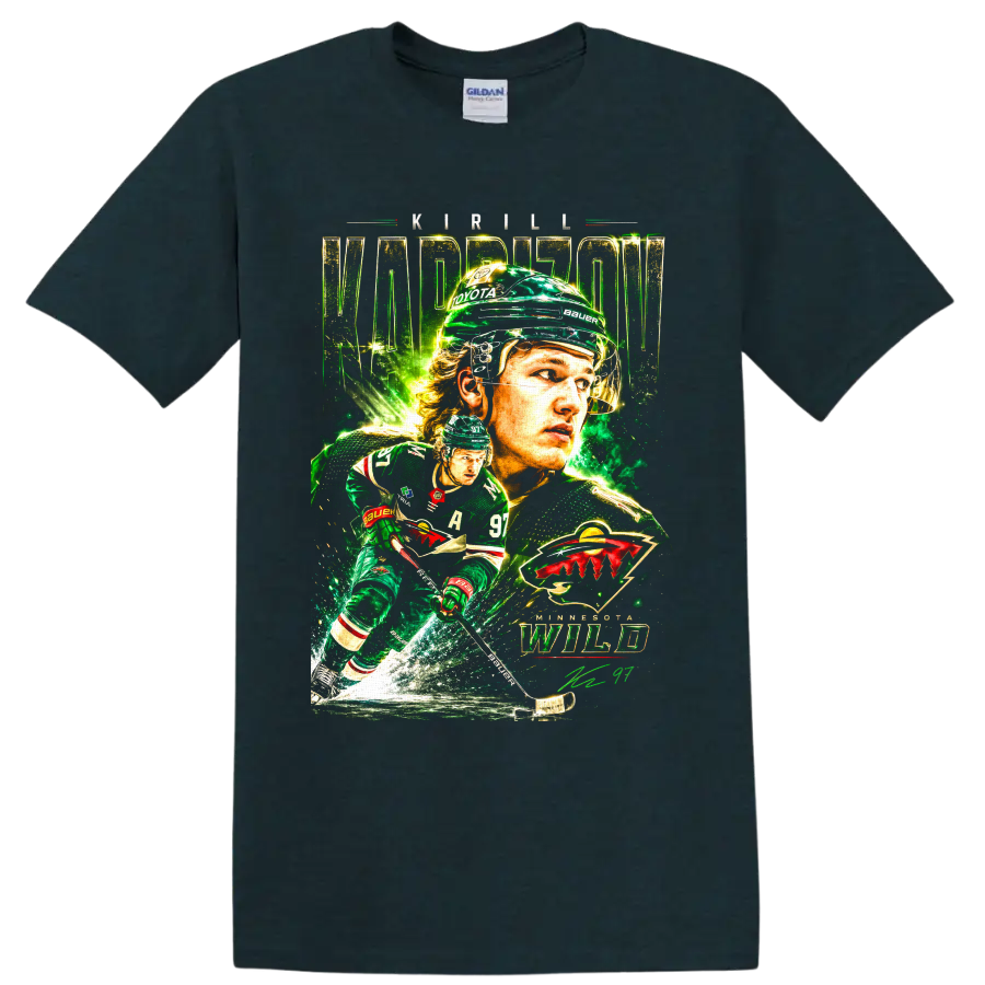 Kirill Kaprizov Minnesota Wild hockey portrait graphic with action player and team emblem on a Midnight (Green) T Shirt