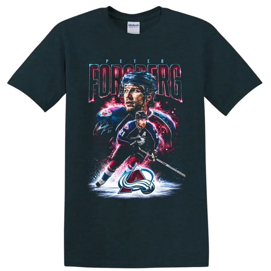 Peter Forsberg Colorado Avalanche hockey collage with PETER FORSBERG text and number 21 on a Midnight (Green) T Shirt
