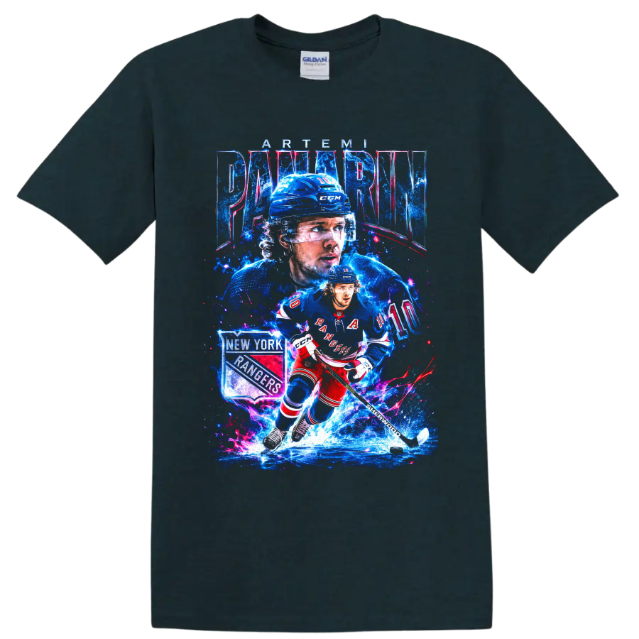 Artemi Panarin New York Rangers hockey action graphic with number 10 and ice effects on a Midnight (Green) T Shirt