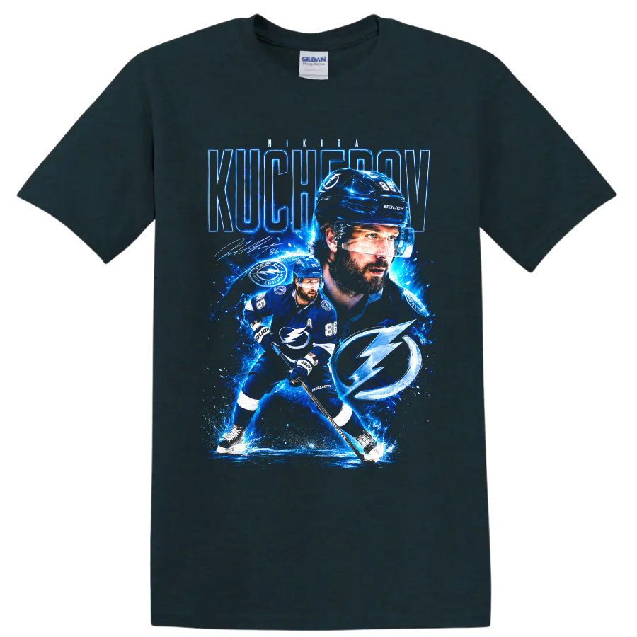 Nikita Kucherov Tampa Bay Lightning electric blue hockey portrait and action graphic on a Midnight (Green) T Shirt