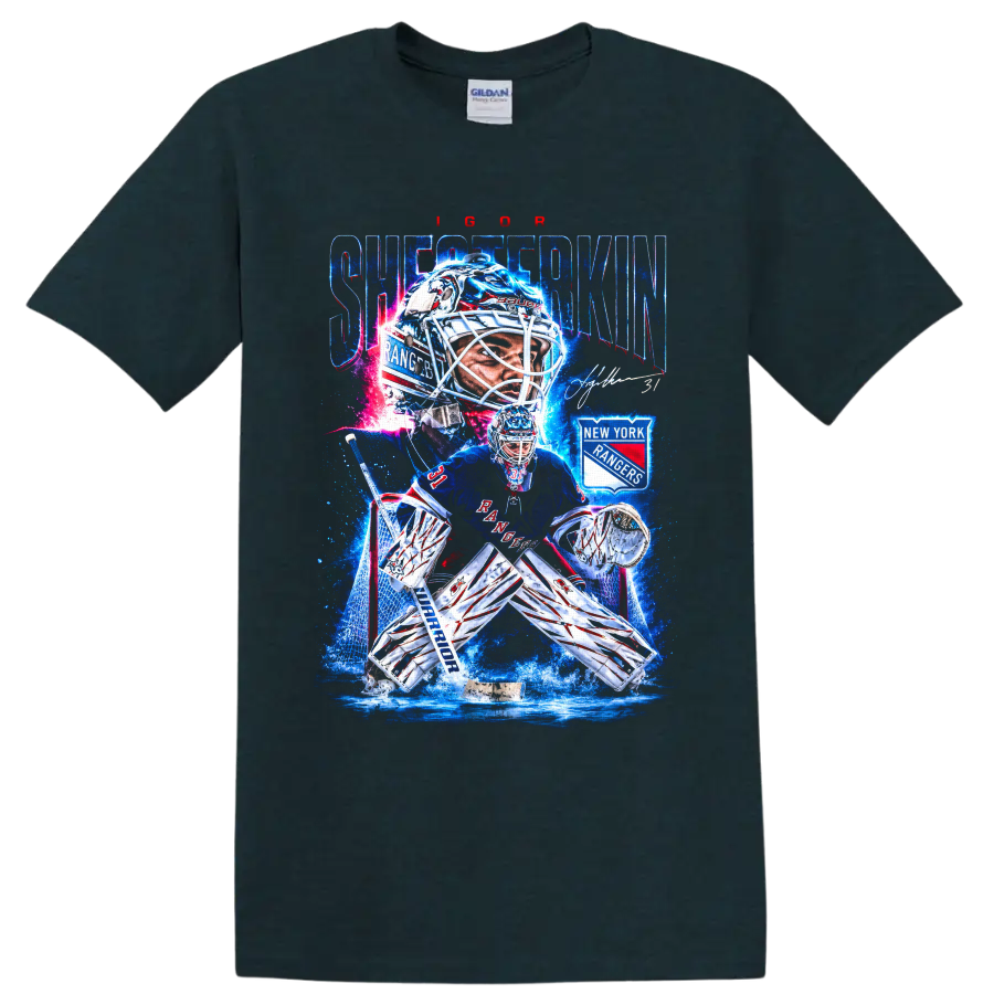 Igor Shesterkin New York Rangers goalie graphic with rink action and team crest on a Midnight (Green) T Shirt