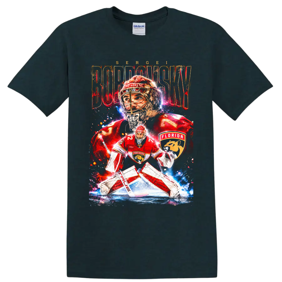 Sergei Bobrovsky Florida Panthers goaltender graphic with distressed name lettering on a Midnight (Green) T Shirt