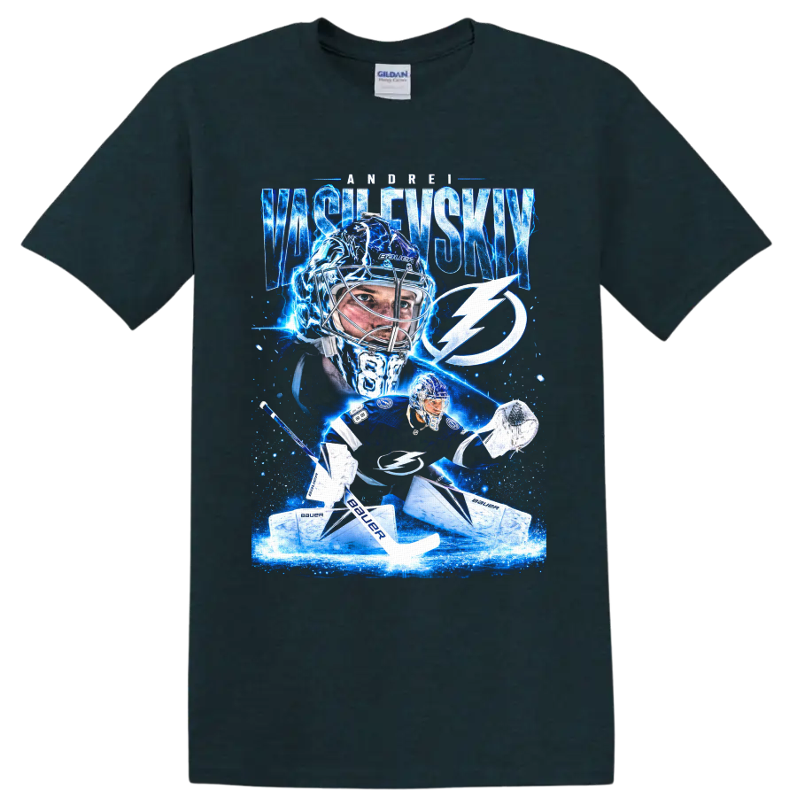Andrei Vasilevskiy Tampa Bay Lightning goalie graphic with electric blue ice effects on a Midnight (Green) T Shirt