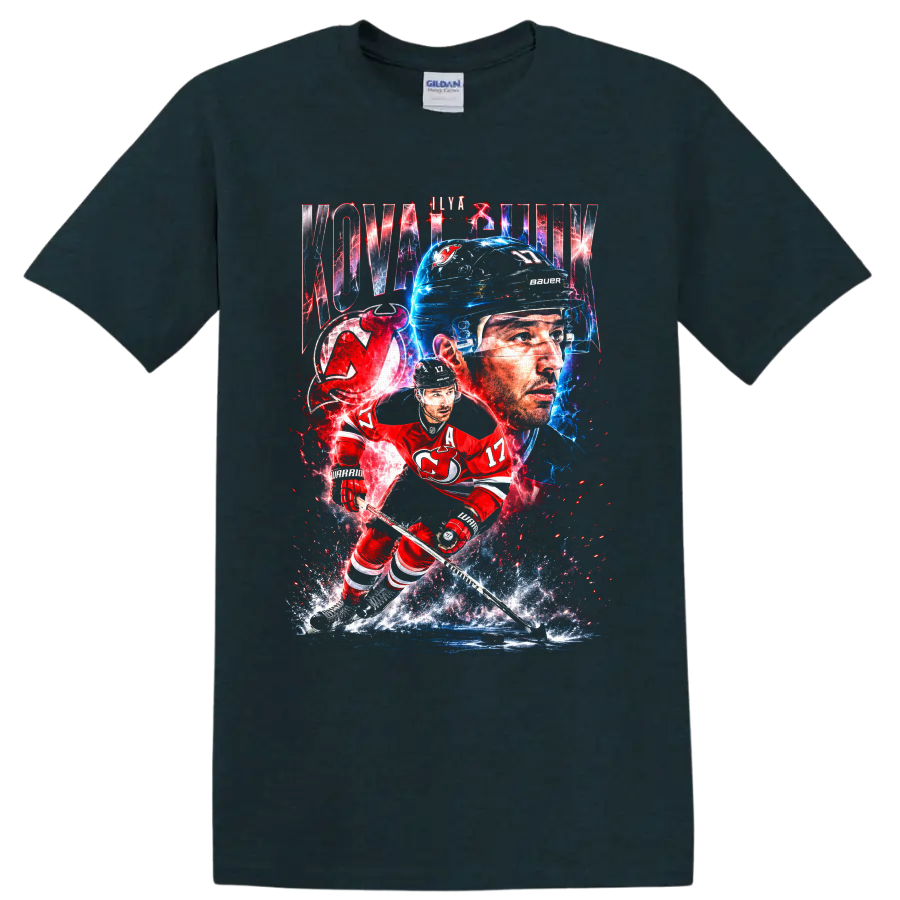 Ilya Kovalchuk New Jersey Devils electric hockey portrait and skating action art on a Midnight (Green) T Shirt