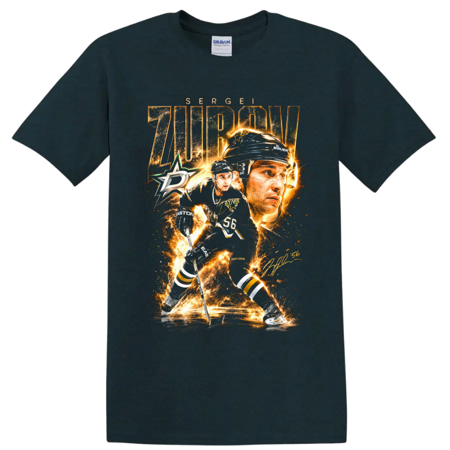Sergei Zubov Dallas Stars hockey action portrait graphic with number 56 on a Midnight (Green) T Shirt