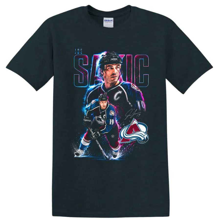 Joe Sakic Colorado Avalanche hockey collage with neon action effects and number 19 on a Midnight (Green) T Shirt