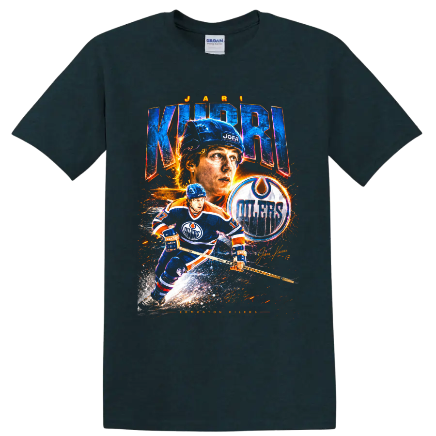 Jari Kurri Edmonton Oilers vintage-style hockey collage with team logo and signature on a Midnight (Green) T Shirt