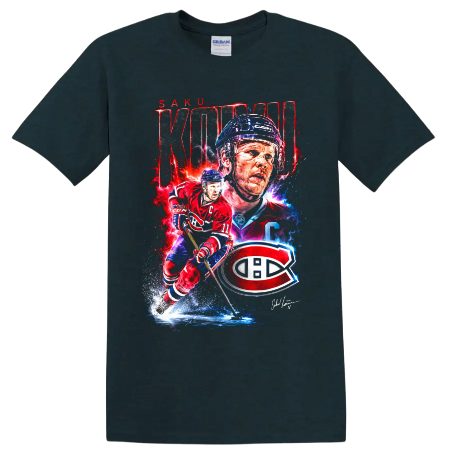Saku Koivu Canadiens hockey graphic with action pose, portrait, KOIVU text and team emblem on a Midnight (Green) T Shirt