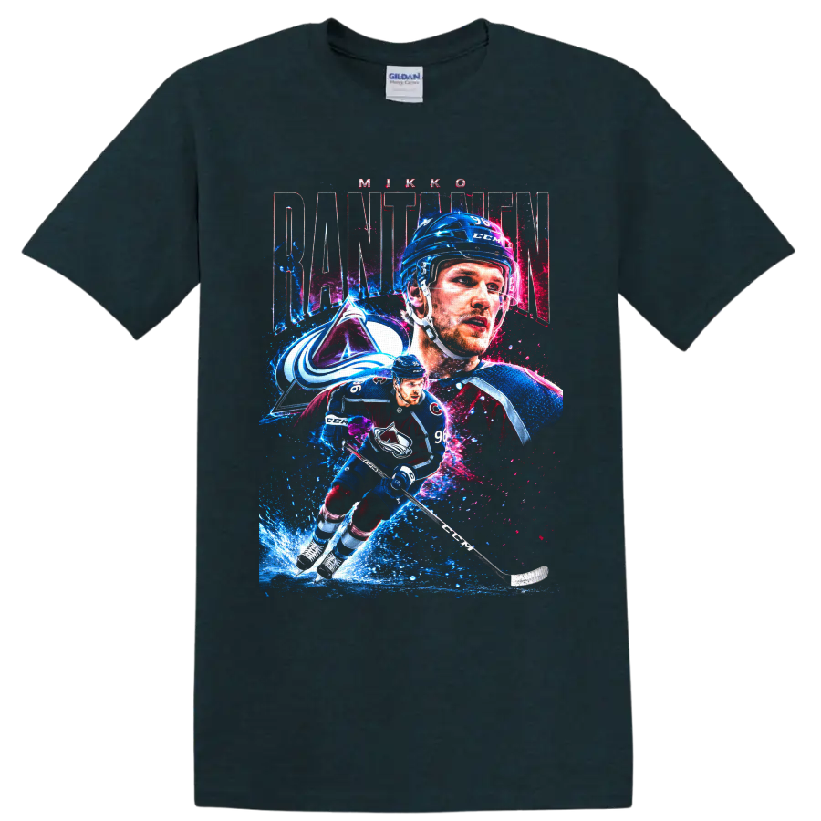 Mikko Rantanen Colorado Avalanche action hockey graphic with number 96 on a Midnight (Green) T Shirt