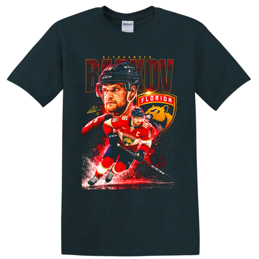 Aleksander Barkov Florida Panthers captain hockey collage with bold BARKOV lettering on a Midnight (Green) T Shirt