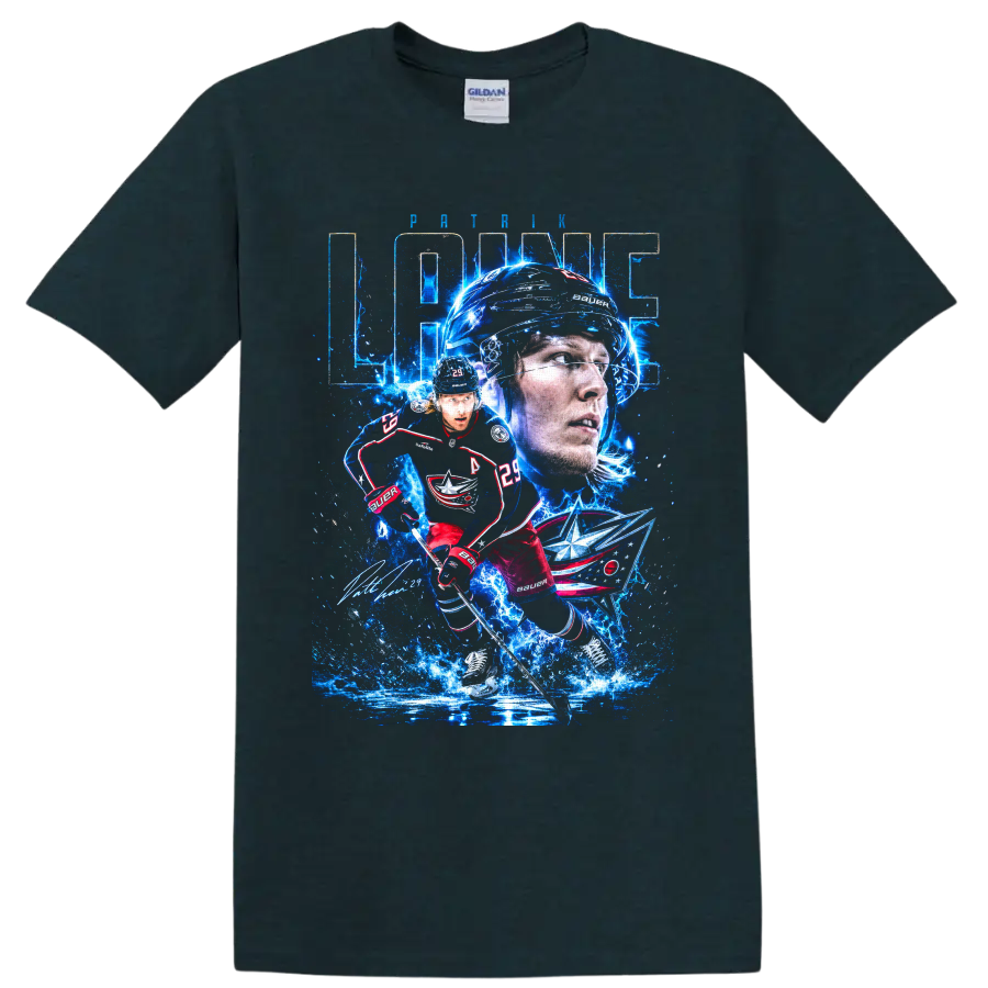 Patrik Laine Blue Jackets electric ice hockey portrait and action graphic on a Midnight (Green) T Shirt