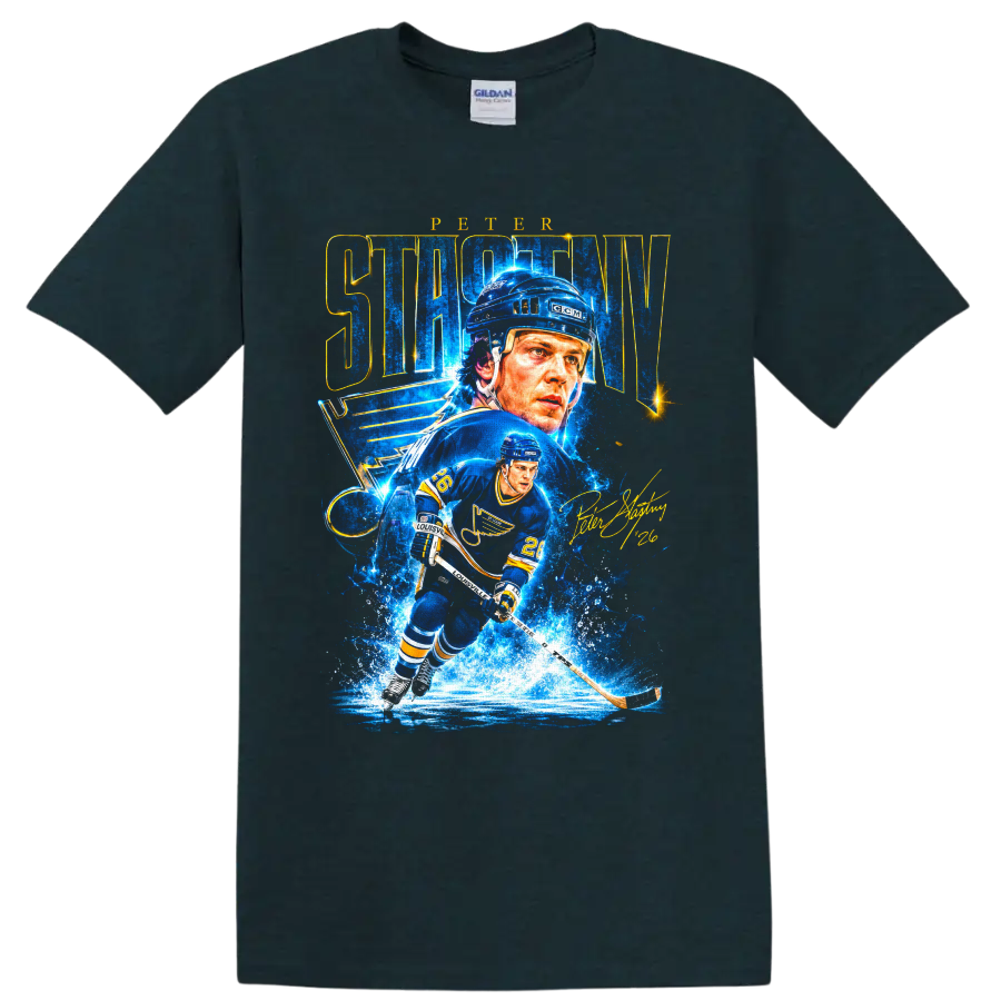 Peter Stastny St. Louis Blues hockey portrait and skating action graphic with #26 on a Midnight (Green) T Shirt