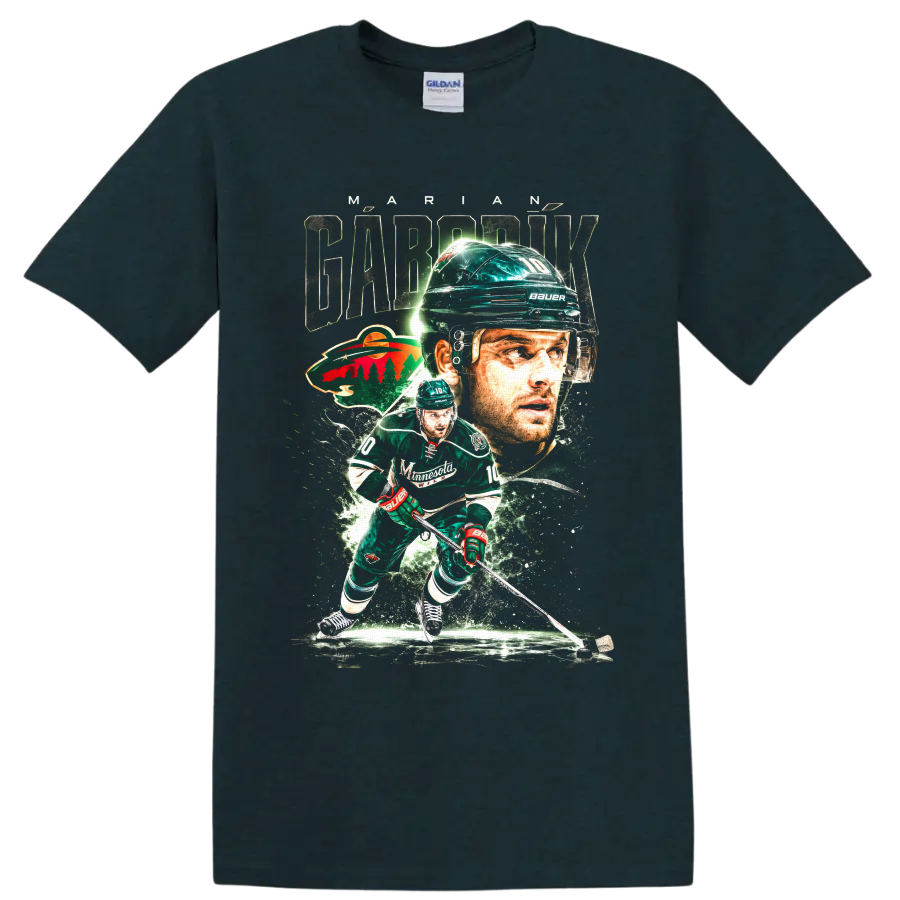 Marian Gaborik Minnesota Wild hockey action collage graphic with number 10 on a Midnight (Green) T Shirt