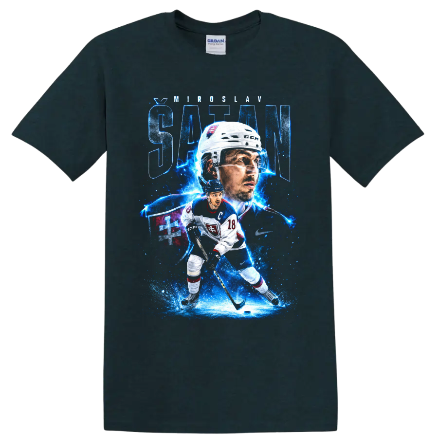 Miroslav Satan Slovakia hockey captain 18 electric blue graphic print on a Midnight (Green) T Shirt