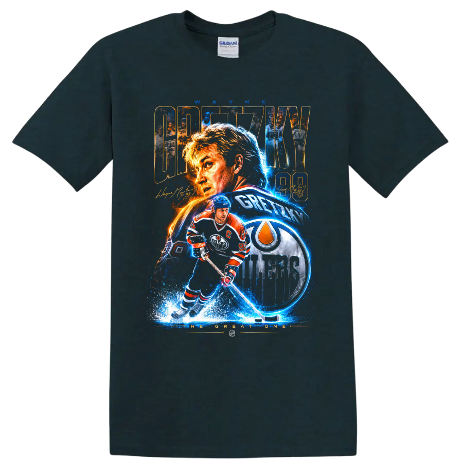 Wayne Gretzky Oilers 99 hockey collage with action art and The Great One text on a Midnight (Green) T Shirt