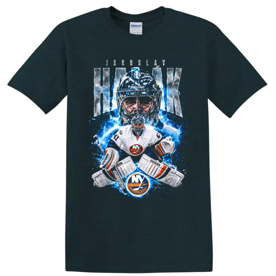 Jaroslav Halak New York Islanders goalie graphic with lightning and distressed name text on a Midnight (Green) T Shirt