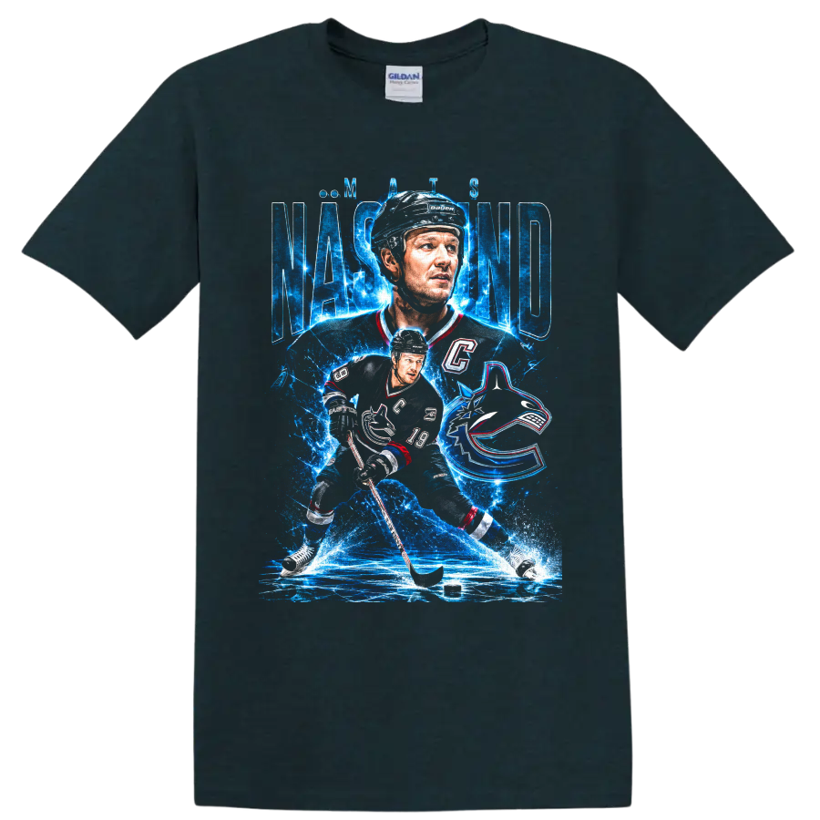 Markus Naslund hockey portrait and action graphic with icy blue Canucks-inspired design on a Midnight (Green) T Shirt