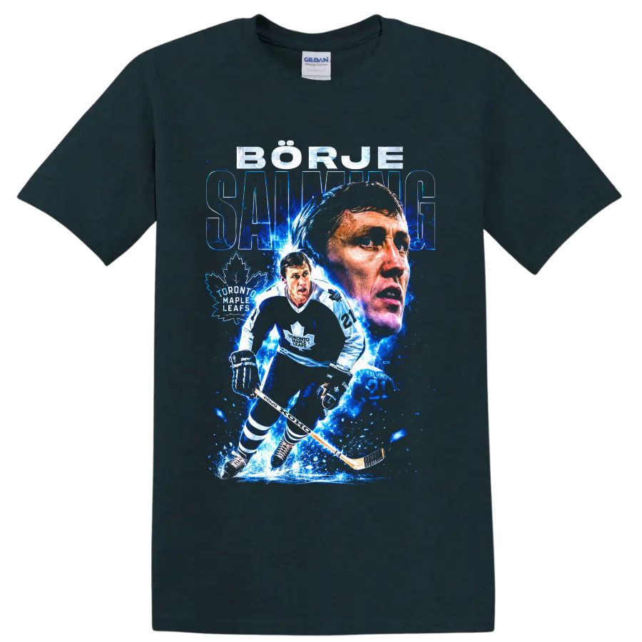 Börje Salming Toronto Maple Leafs hockey tribute with portrait and skating action on a Midnight (Green) T Shirt
