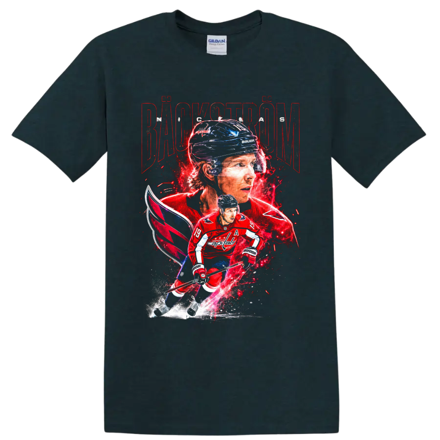 Nicklas Backstrom Washington Capitals hockey portrait and skating action graphic on a Midnight (Green) T Shirt