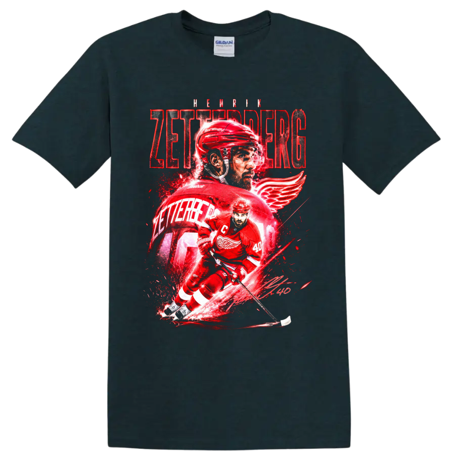 Henrik Zetterberg Red Wings number 40 hockey action graphic with bold red lettering on a Midnight (Green) T Shirt