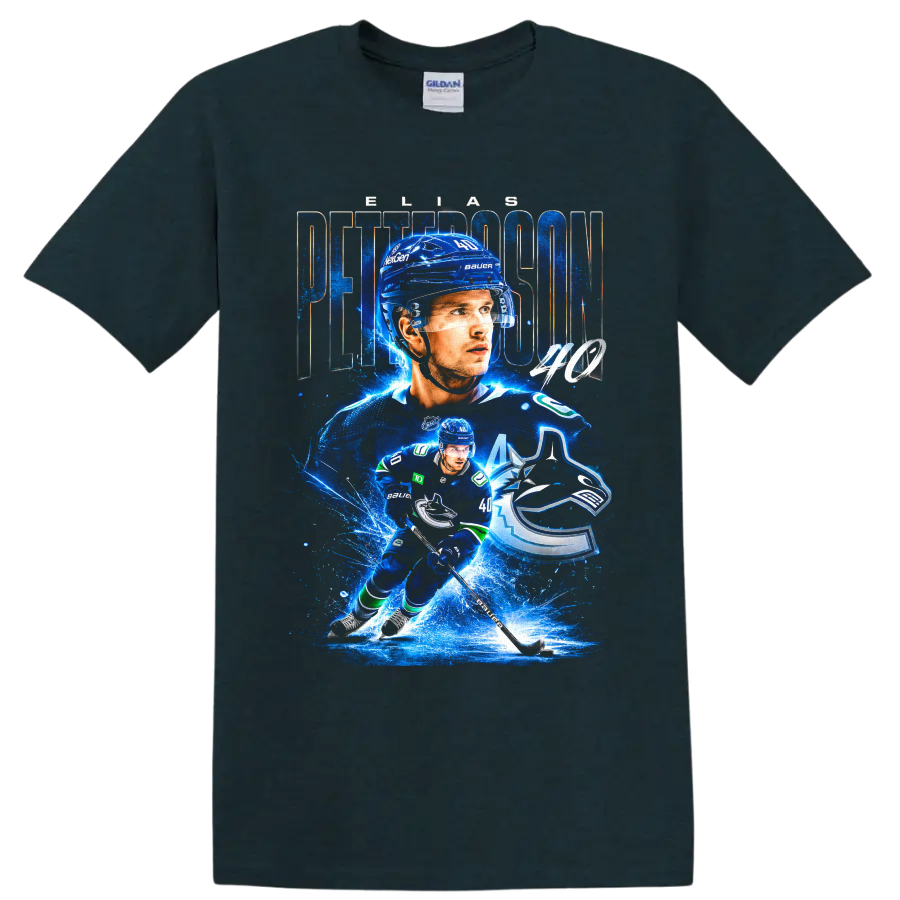 Elias Pettersson Vancouver Canucks blue hockey collage with number 40 and team logo on a Midnight (Green) T Shirt