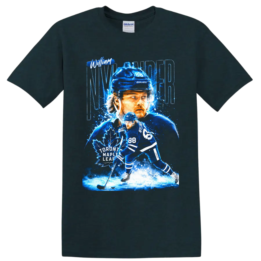 William Nylander Toronto Maple Leafs number 88 electric blue hockey graphic on a Midnight (Green) T Shirt