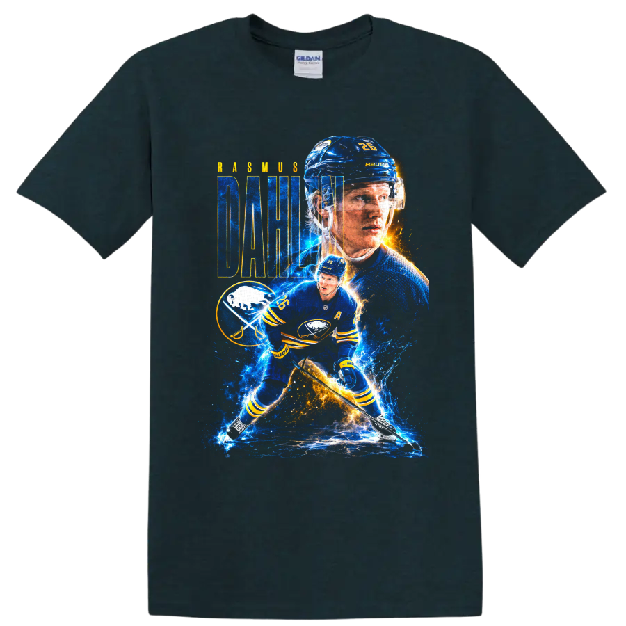 Rasmus Dahlin Buffalo Sabres hockey collage with bold name lettering and electric ice on a Midnight (Green) T Shirt
