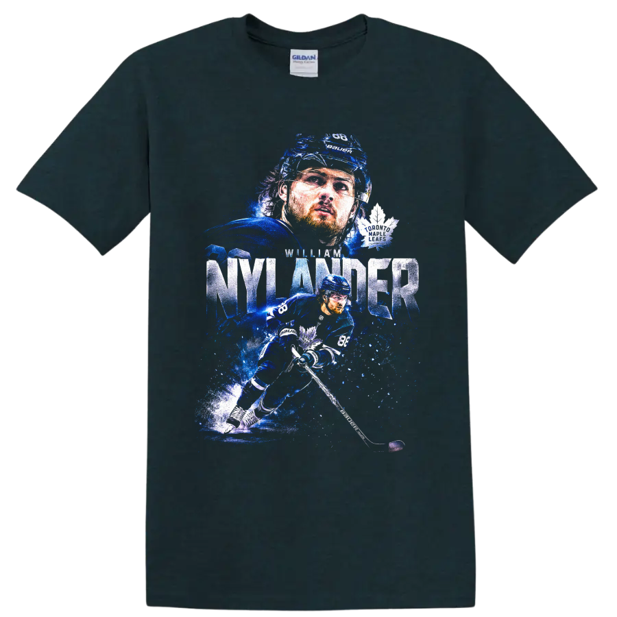 William Nylander Toronto Maple Leafs icy blue hockey action graphic with No. 88 on a Midnight (Green) T Shirt
