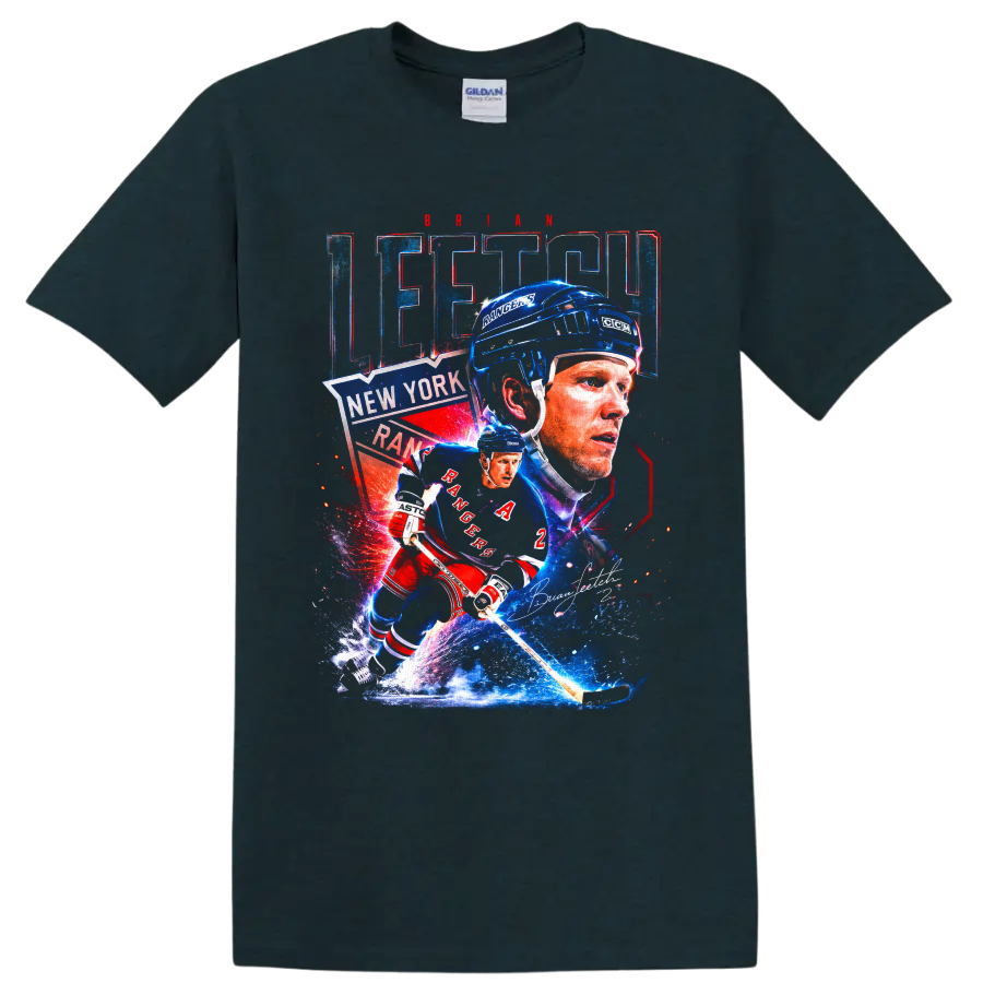 Brian Leetch New York Rangers retro hockey collage with action pose and signature on a Midnight (Green) T Shirt