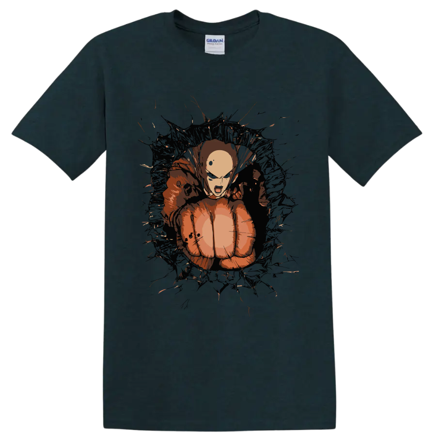 Saitama in a distressed anime action graphic from One-Punch Man on a Midnight (Green) T Shirt