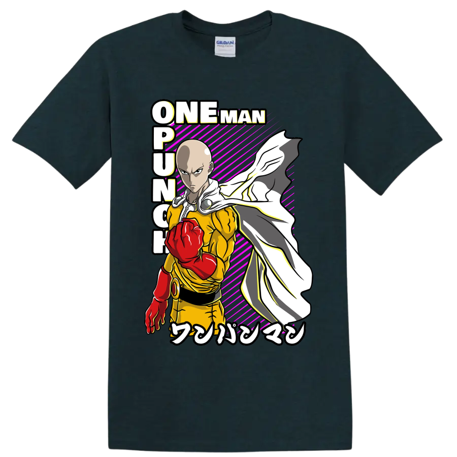 Saitama One-Punch Man action graphic with red glove, flowing cape, and magenta stripes on a Midnight (Green) T Shirt