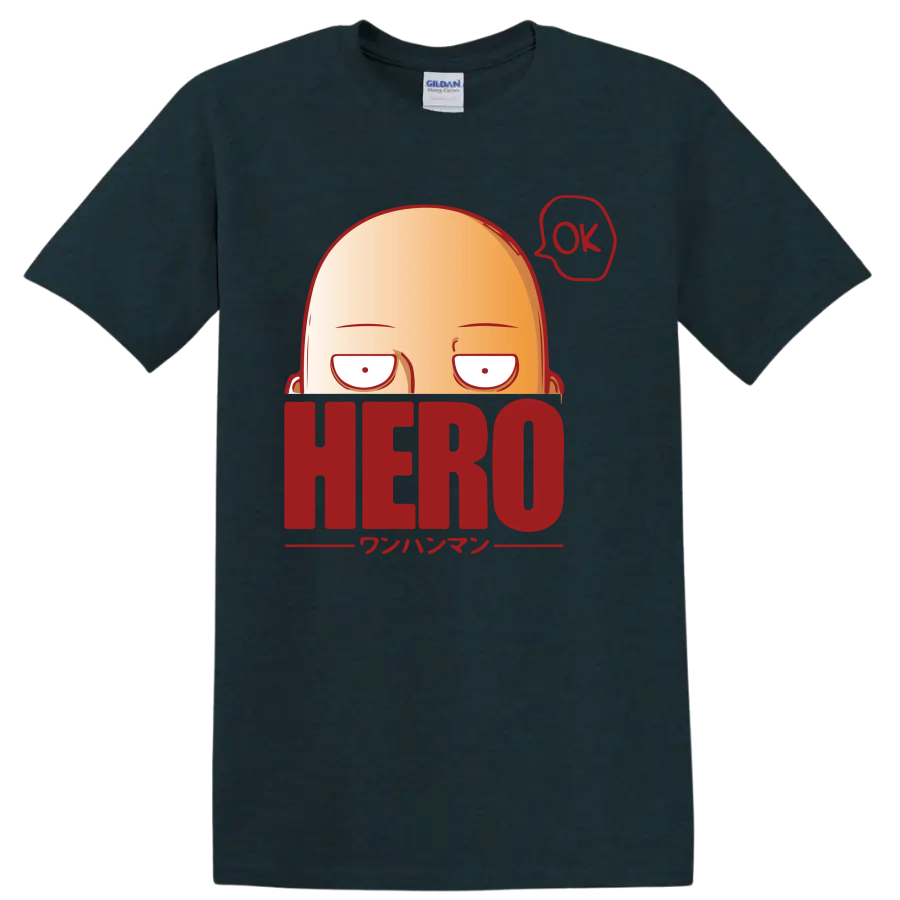 Saitama peeking over HERO lettering in a bold One-Punch Man cartoon graphic on a Midnight (Green) T Shirt