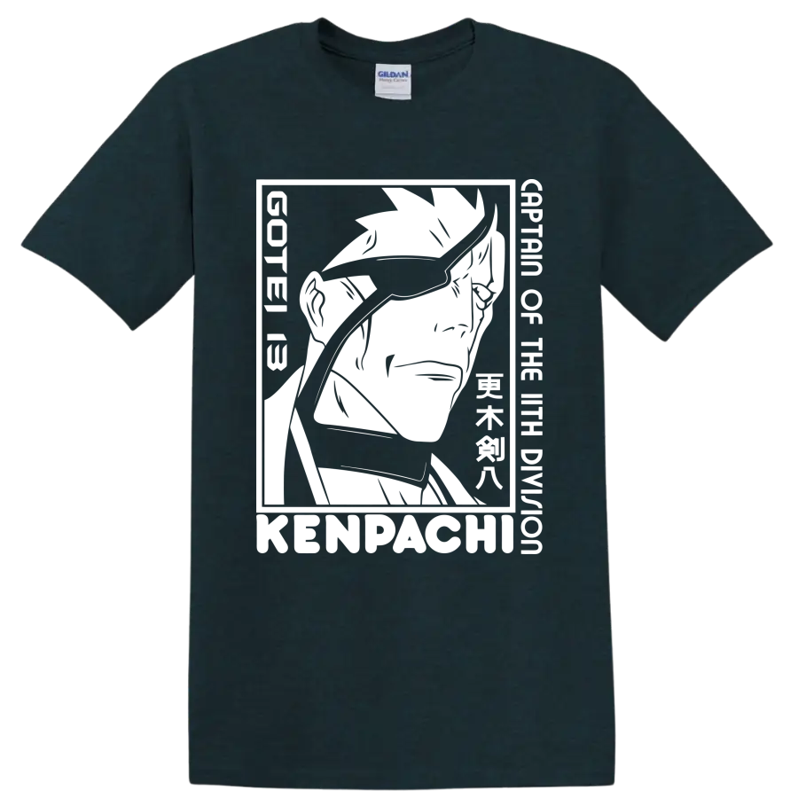 Kenpachi Zaraki black-and-white manga-style swordsman portrait graphic on a Midnight (Green) T Shirt