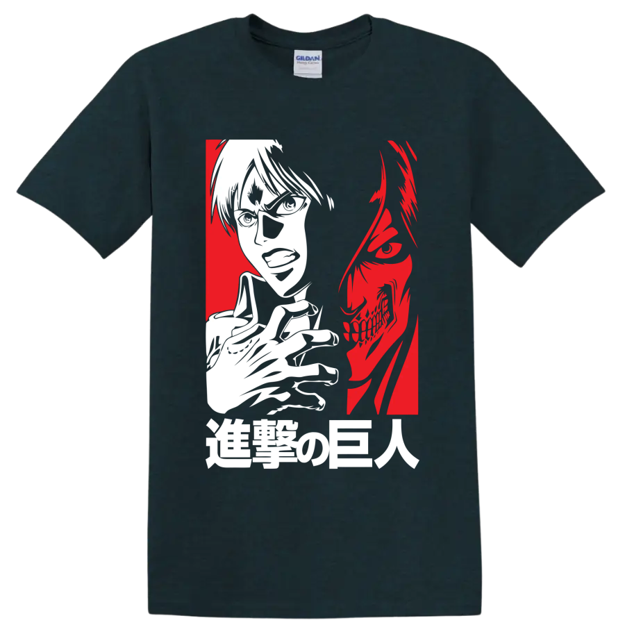 Eren Yeager and Attack Titan split-profile anime graphic on a Midnight (Green) T Shirt