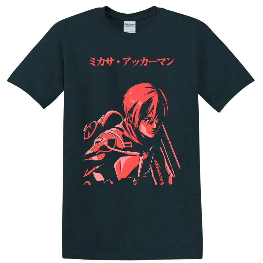 Mikasa Ackerman Attack on Titan red and pink anime action graphic with Japanese text on a Midnight (Green) T Shirt
