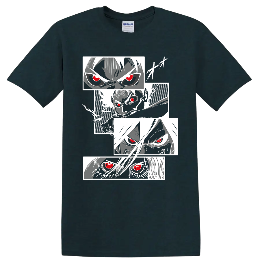 Eren Yeager Attack on Titan manga portrait collage with intense red-eyed faces on a Midnight (Green) T Shirt