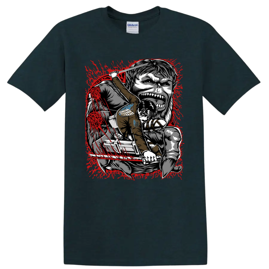 Levi Ackerman battling the Beast Titan in red splatter Attack on Titan manga art on a Midnight (Green) T Shirt