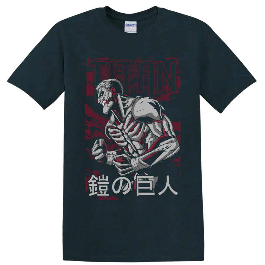 Armored Titan crouching in distressed manga art with TITAN and Japanese characters on a Midnight (Green) T Shirt