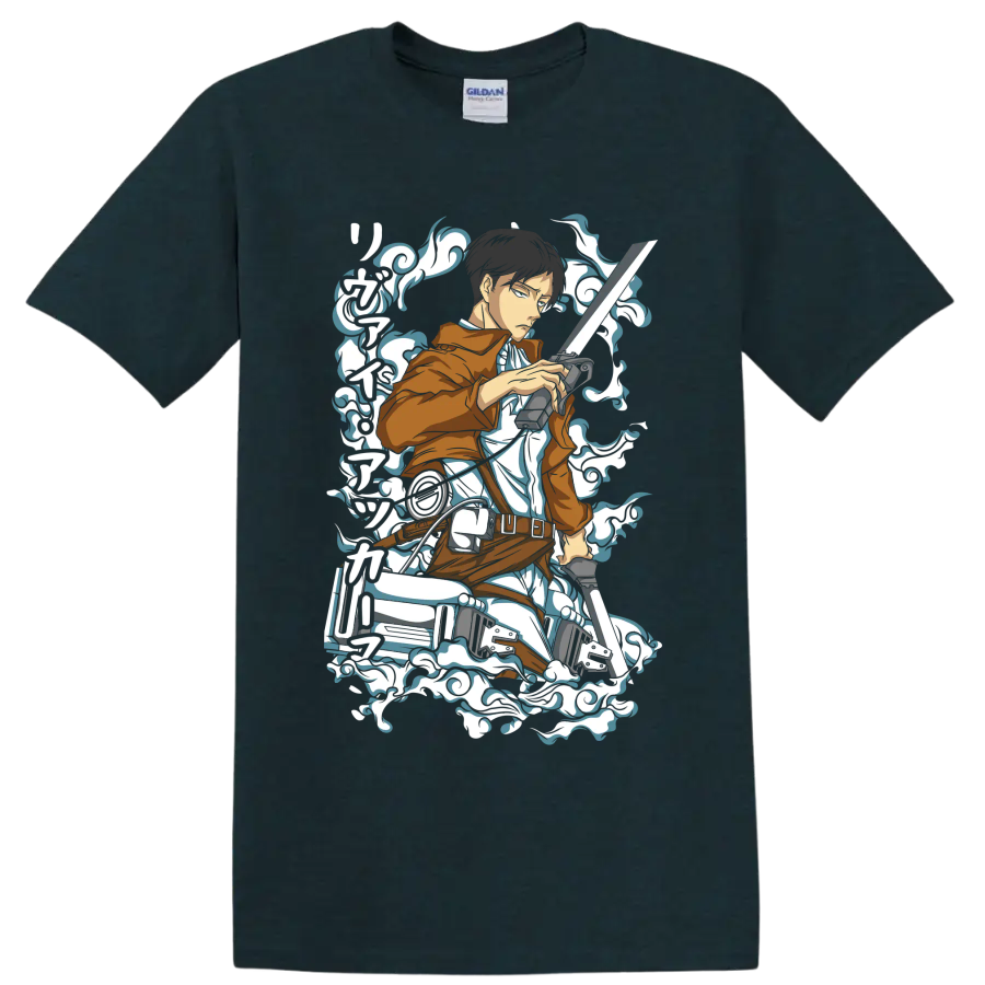 Levi Ackerman Scout Regiment action graphic with blades and swirling smoke accents on a Midnight (Green) T Shirt