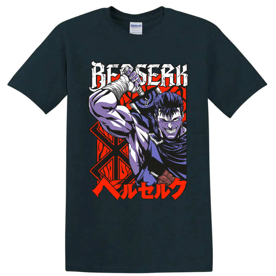 Guts from Berserk wielding a massive sword in bold gothic anime art on a Midnight (Green) T Shirt