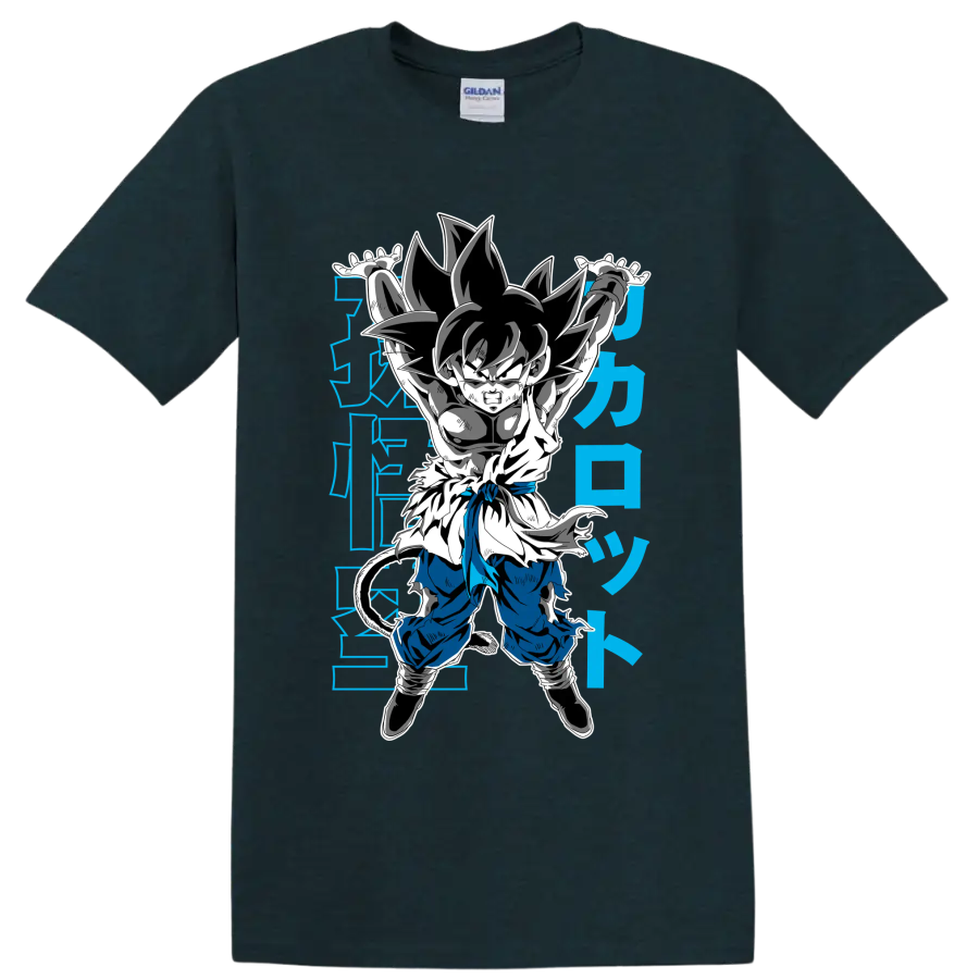 Kid Goku in a Genki Dama-inspired manga action pose with blue Japanese-style characters on a Midnight (Green) T Shirt