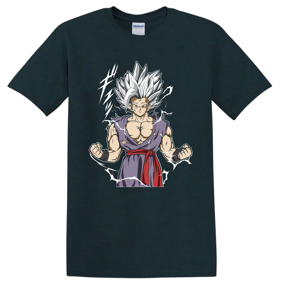 Gohan Beast anime graphic with white hair, torn purple gi, red sash, and energy accents on a Midnight (Green) T Shirt