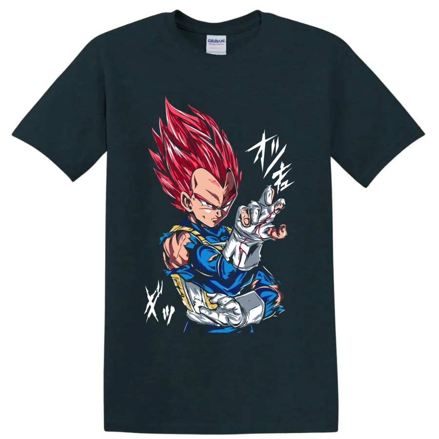 Vegeta Super Saiyan God in a fierce red-haired anime battle pose on a Midnight (Green) T Shirt