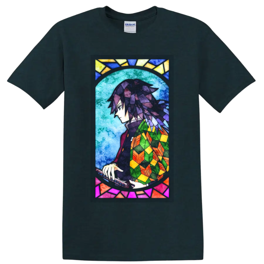 Giyu Tomioka stained-glass-style anime portrait with sword and colorful haori on a Midnight (Green) T Shirt