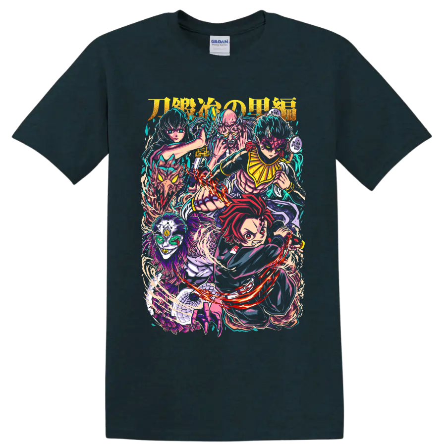 Tanjiro Kamado, Muichiro Tokito, and Hantengu in a vivid manga character collage on a Midnight (Green) T Shirt