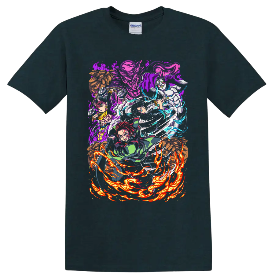 Demon Slayer Swordsmith Village anime battle art with Tanjiro, Hashira, and demons on a Midnight (Green) T Shirt